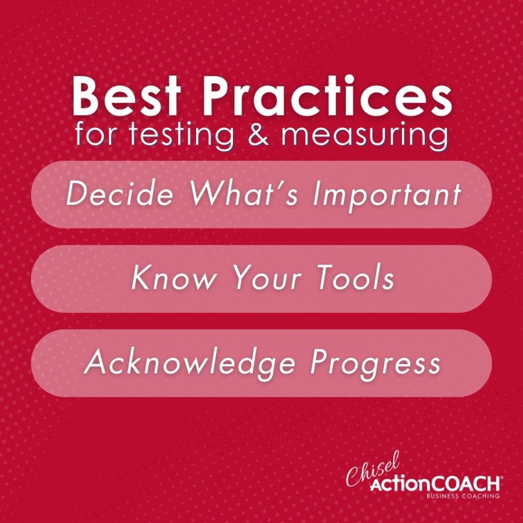 Infographic titled Best Practices for Testing & Measuring with three points: Decide What's Important, Know Your Tools, and Acknowledge Progress with resilience. The background is red with a pattern, featuring the Chisel ActionCOACH logo.