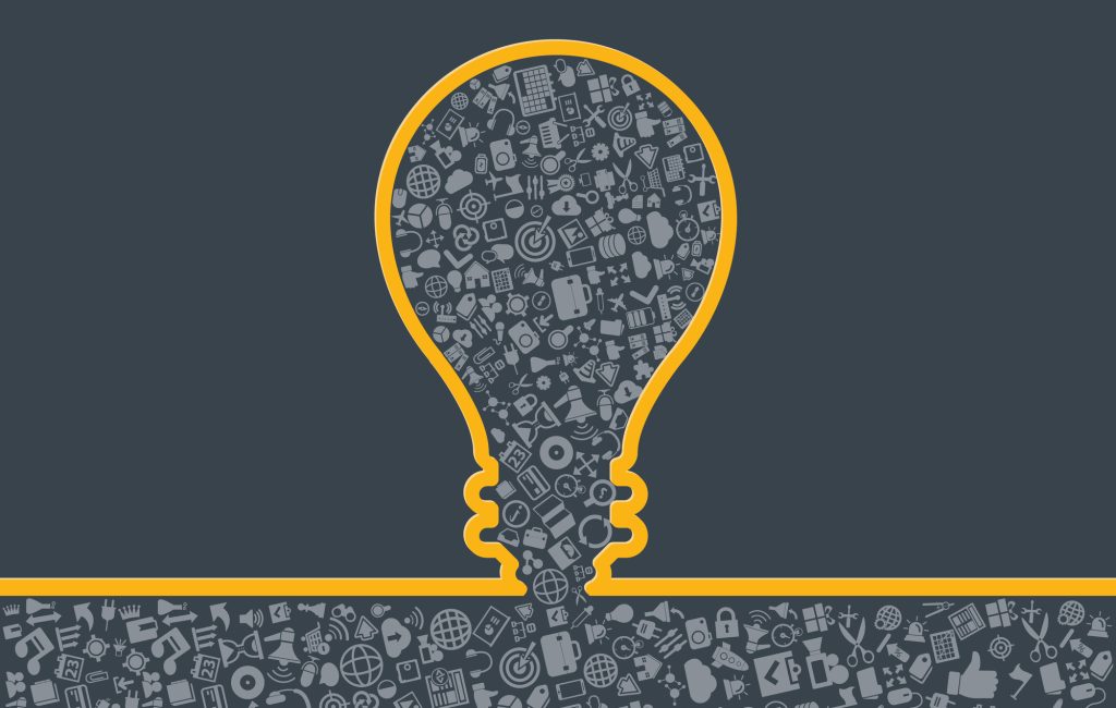 A dark grey background with a light bulb shape outlined in yellow embodies resilience. Inside the bulb, various icons like gears, globes, and electronic devices symbolize innovation as they triumph over suffering to generate groundbreaking ideas.