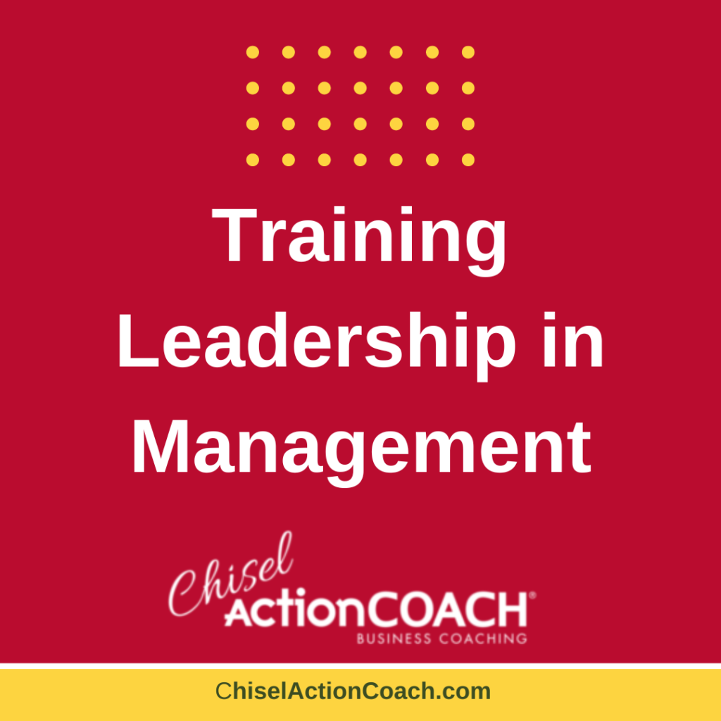 Red background with Training Leadership in Management in white text. A logo at the bottom reads Chisel ActionCOACH Business Coaching, highlighting the resilience needed to overcome suffering, with the website ChiselActionCoach.com below it. Yellow dotted design at the top.