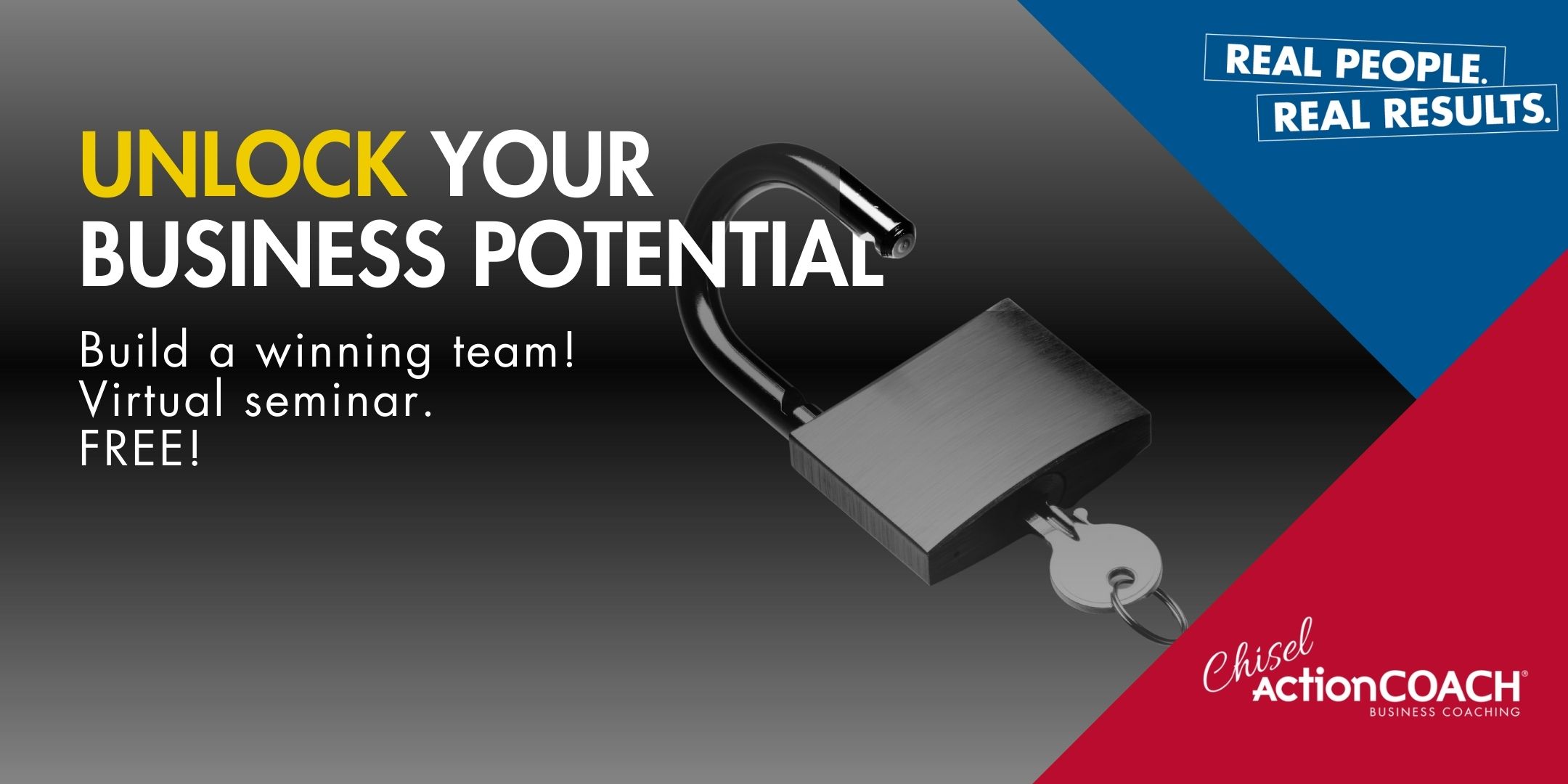 Introducing our virtual workshop: Unlock Your Business Potential! Featuring an unlocked padlock and key, this free seminar will guide you in building a winning team. Join us online and take the next step with ActionCOACH Business Coaching. Don't miss out on this opportunity!