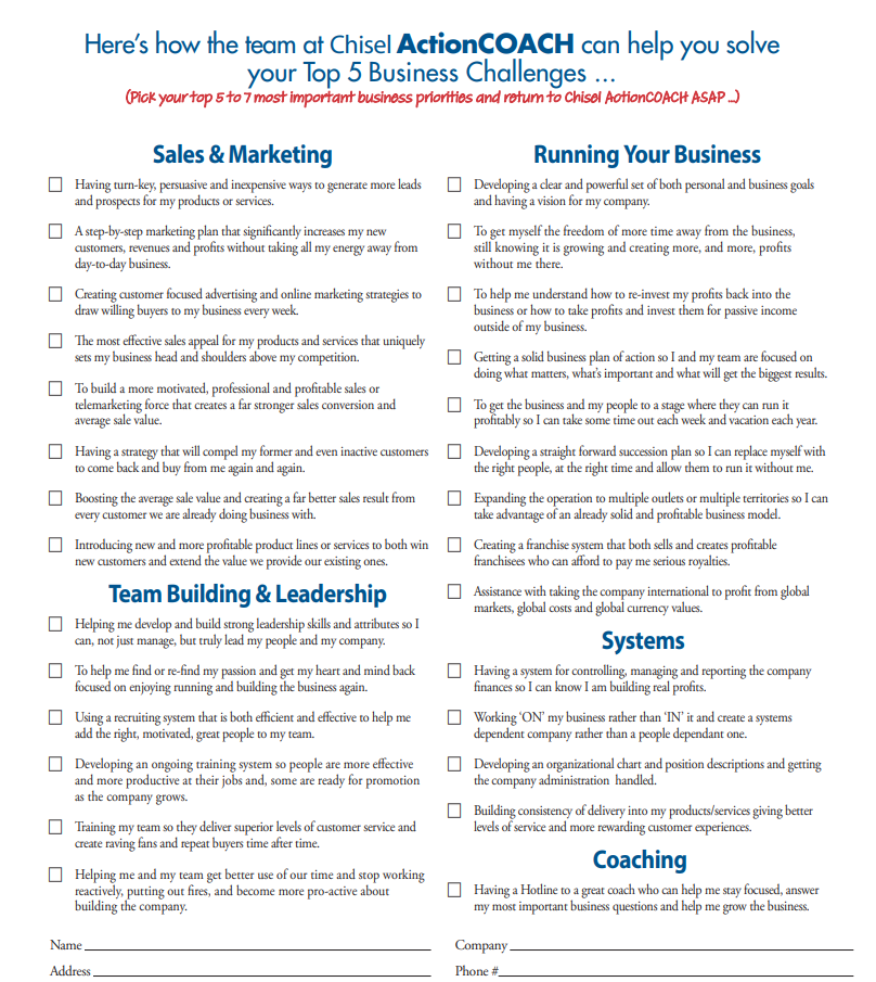 Image of a checklist titled Heres how the team at Chisel ActionCOACH can help you solve your top 5 business challenges. Sections include Sales & Marketing, Running Your Business, Team Building & Leadership, Systems, and Coaching. Each contains specific strategies.