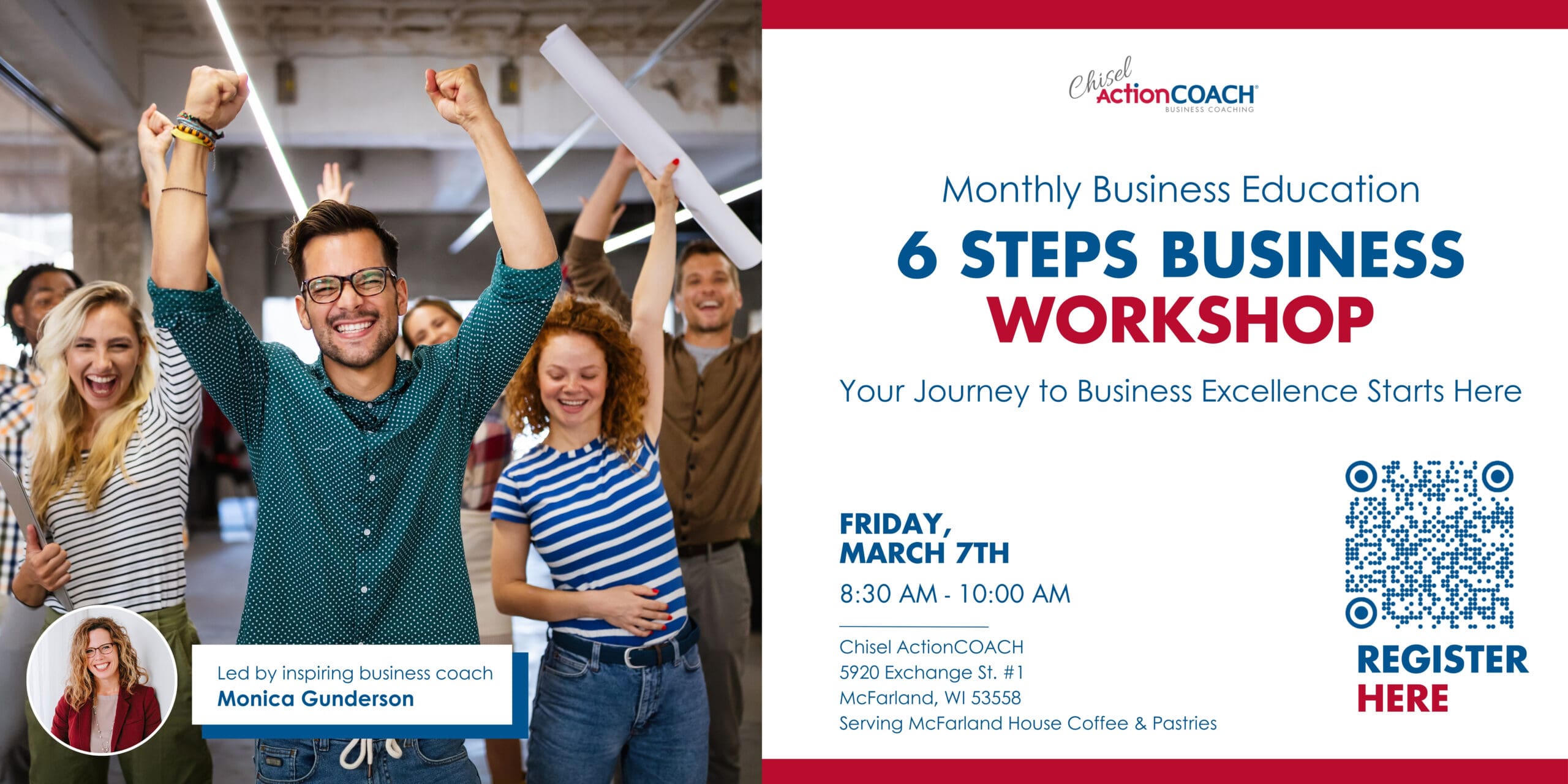 A group of diverse people smiling and cheering in an office setting, celebrating their journey to business excellence. Join the 6 Steps Business Workshop on Friday, March 7th, 8:30 AM - 10:00 AM at Chisel ActionCOACH. Scan the QR code for registration.