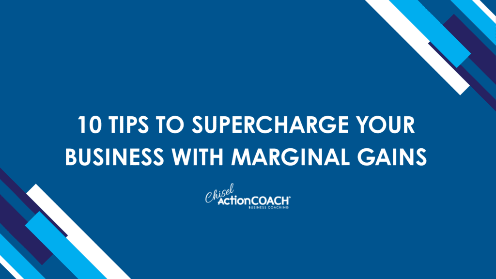 Blue background with diagonal white, light blue, and dark blue stripes in the corners. White text in the center reads, 10 Tips to Supercharge Business with Marginal Gains. Get actionable business tips. ActionCOACH logo below.