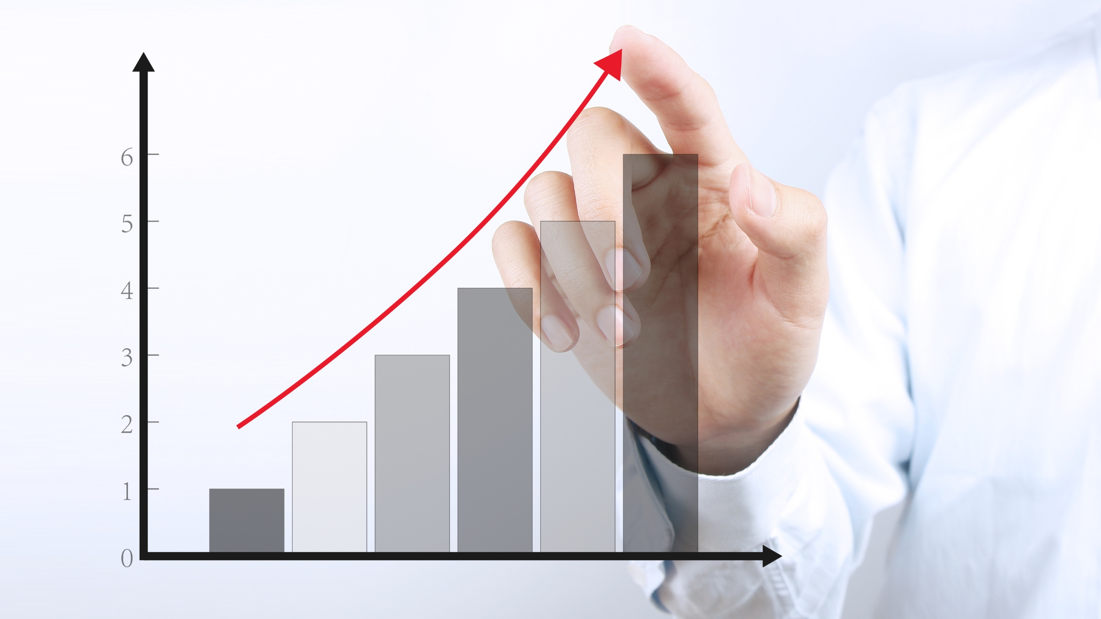 A hand touches the top of a transparent bar chart with increasing gray bars, symbolizing effective business strategies. A red arrow curves upward, indicating growth. The background is light, and the person is wearing a white shirt.