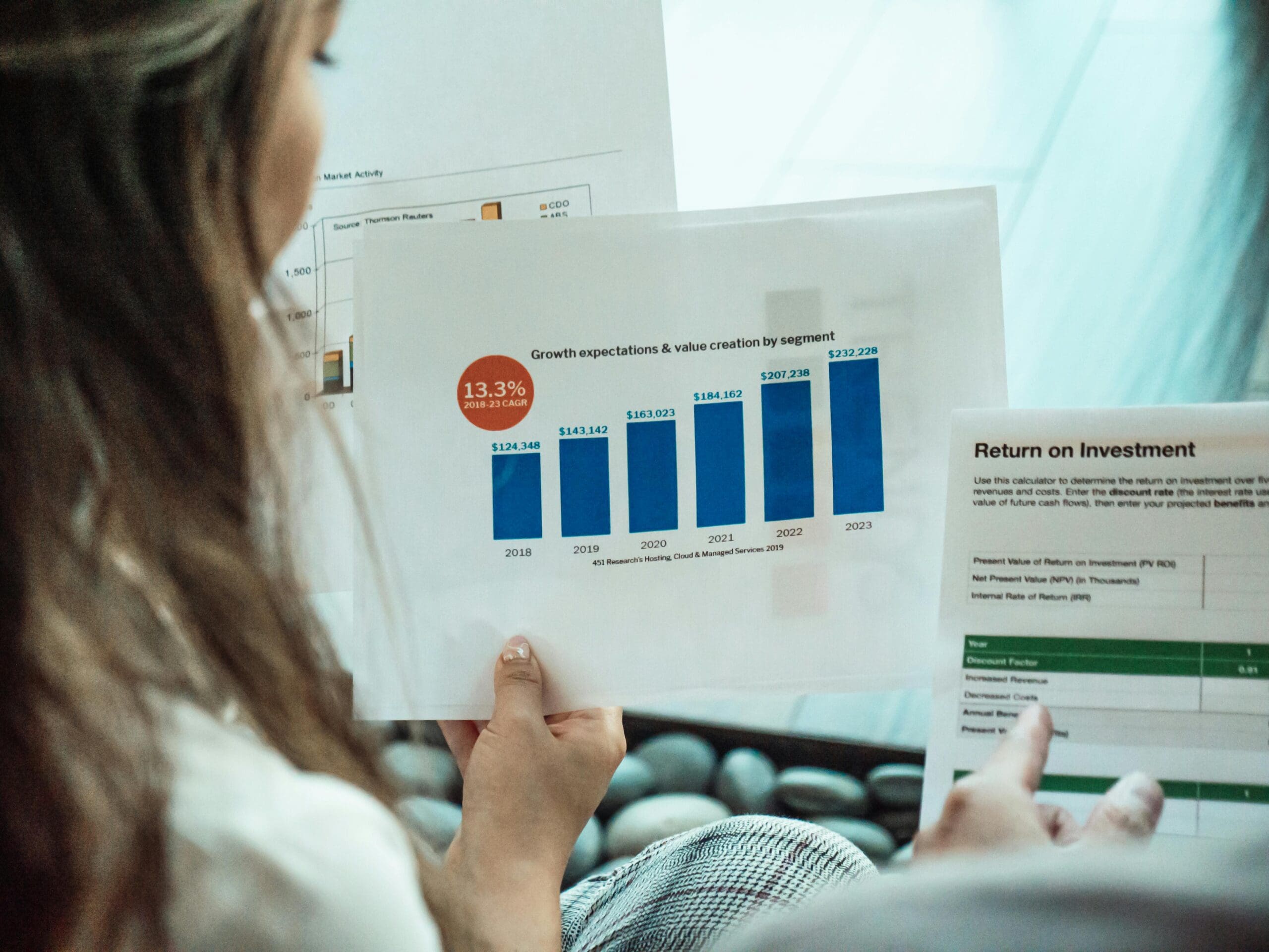 A person holds a paper showing a bar chart of business growth expectations from 2018 to 2023, with values increasing each year, highlighting how marginal gains contribute to steady progress. Another paper labeled Return on Investment is partially visible.