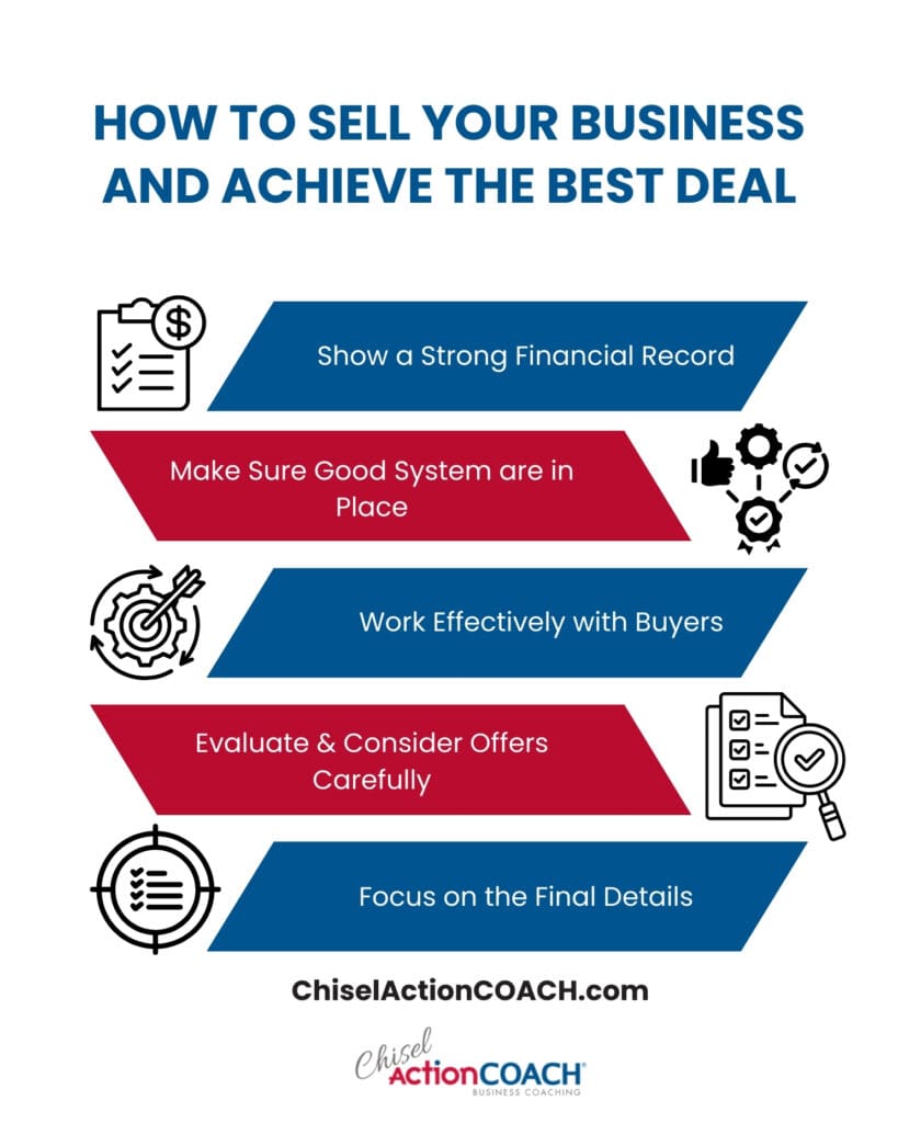 Infographic titled How to Sell Your Business and Achieve the Best Deal, featuring five steps: show a strong financial record, have good systems, work with buyers, evaluate offers, and focus on final details.