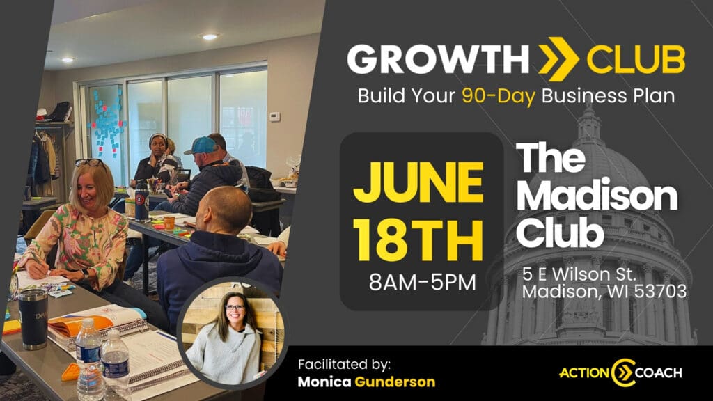 A promotional flyer for Growth Club features people working at tables, event details June 18th, 8AM-5PM, The Madison Club, facilitator Monica Gunderson’s photo, and highlights ActionCOACH business planning workshops.