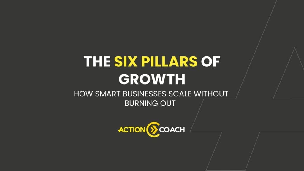 Dark grey slide with the text: The Six Pillars of Growth: How smart businesses achieve business growth and scale without burning out. Below is the yellow and white Action Coach logo.